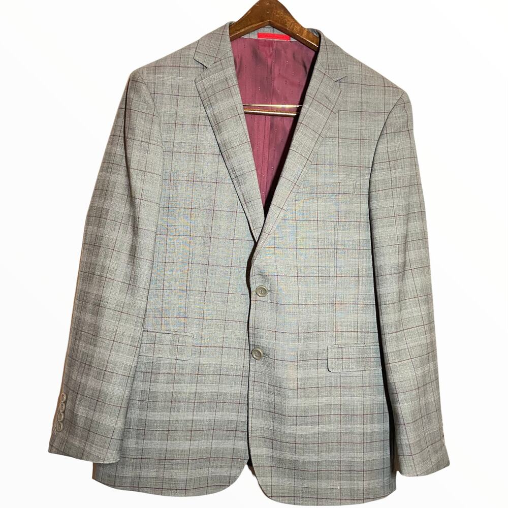 Super 150's 100% Australian Wool 2 Piece Suit Plaid Gray Red 36x34 54R